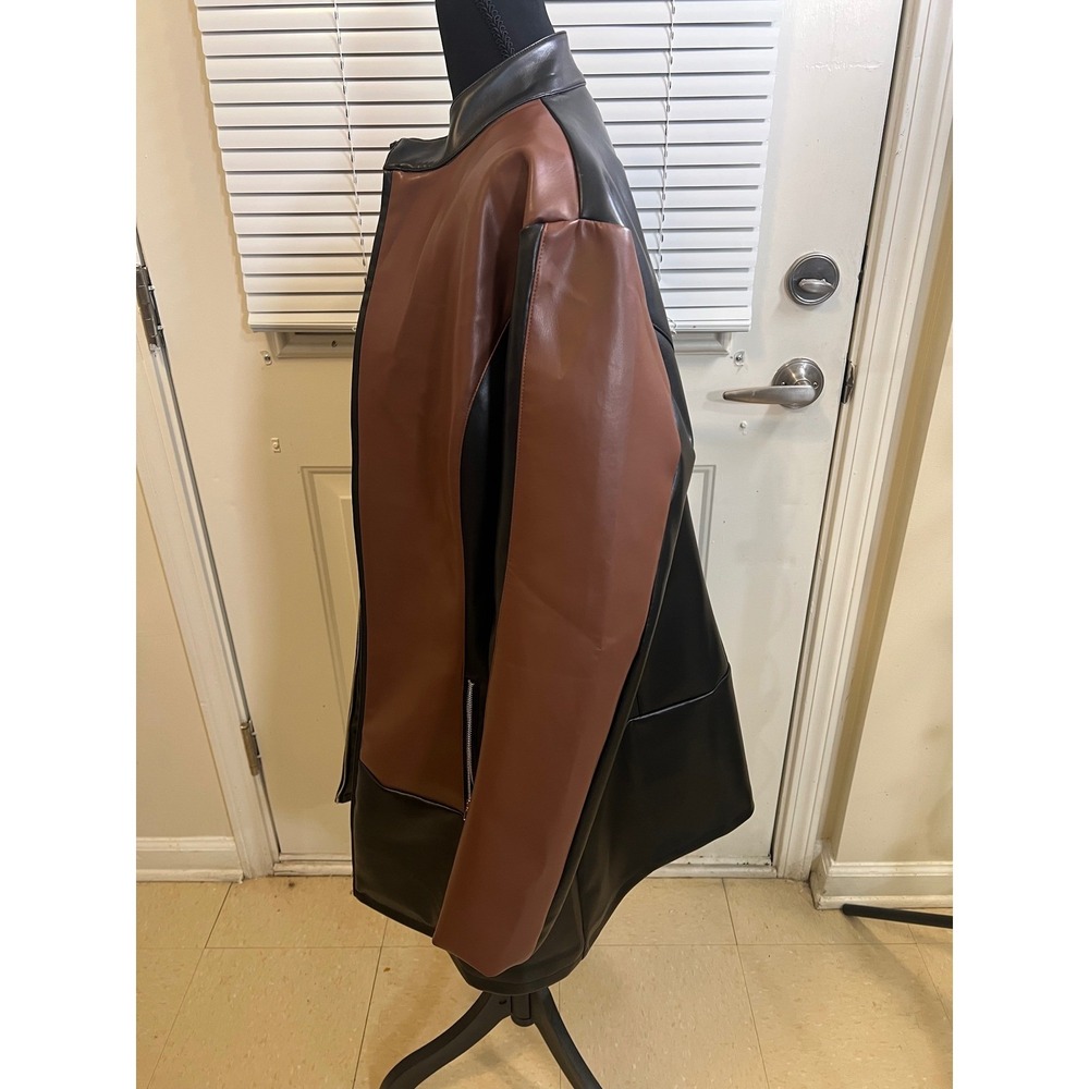 Plus Size Faux Leather Color Block Mid Length Zip Front Jacket 2XL - Picture 4 of 13
